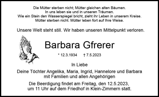 Traueranzeige von Barbara Gfrerer von Dieburger Anzeiger/Groß-Zimmerner Lokal-Anzeiger