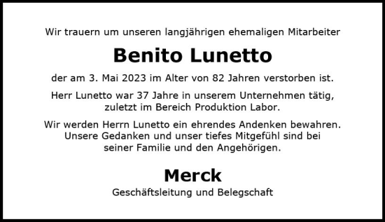 Traueranzeige von Benito Lunetto von Darmstädter Echo