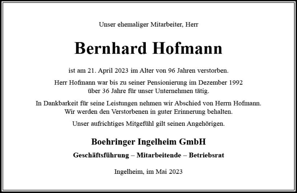  Traueranzeige für Bernhard Hofmann vom 10.05.2023 aus Allgemeine Zeitung Bingen/Ingelheim