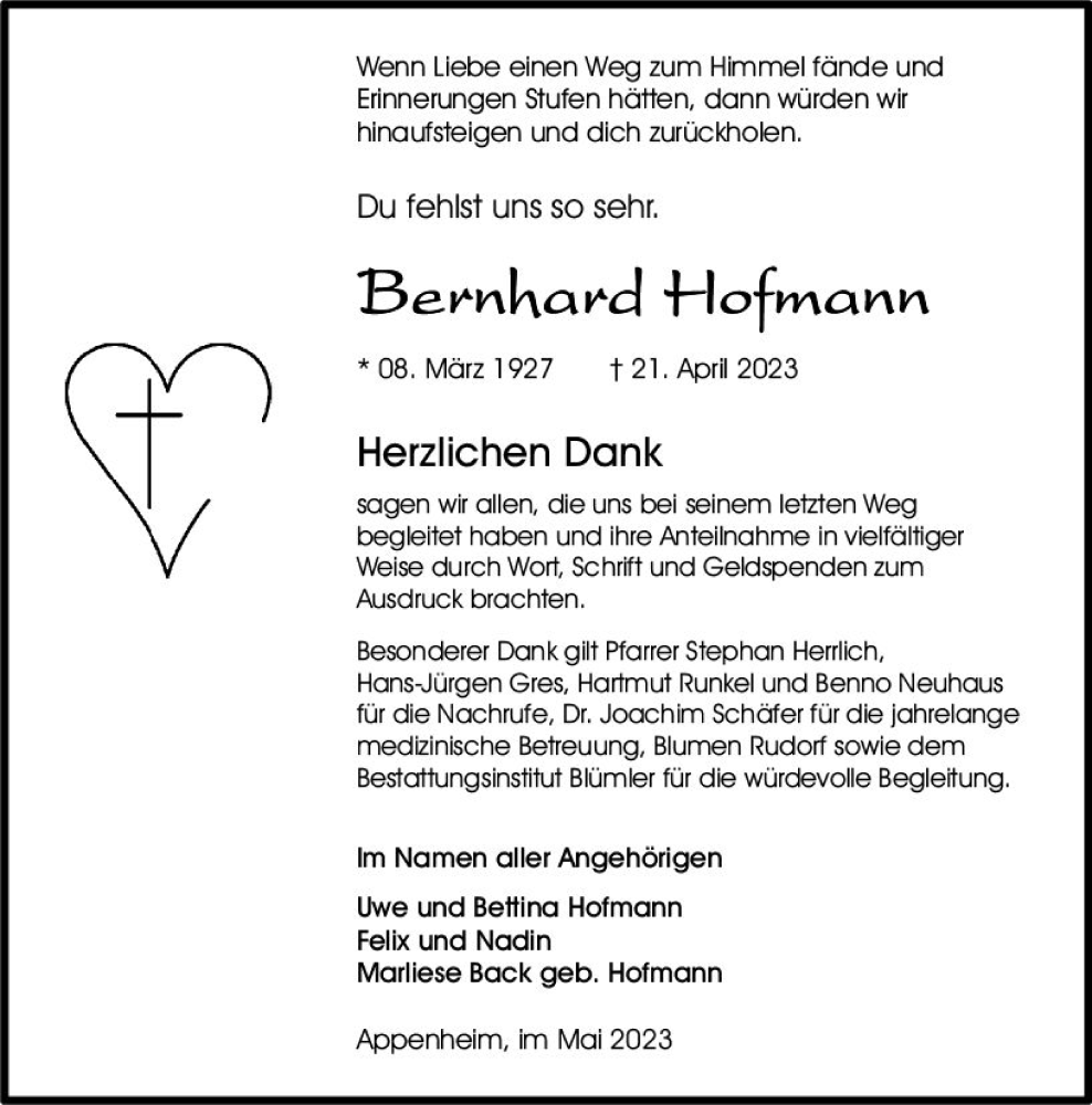  Traueranzeige für Bernhard Hofmann vom 27.05.2023 aus Allgemeine Zeitung Bingen/Ingelheim
