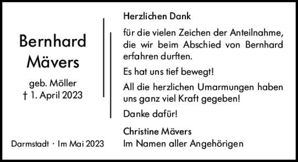  Traueranzeige für Bernhard Mävers vom 13.05.2023 aus Darmstädter Echo