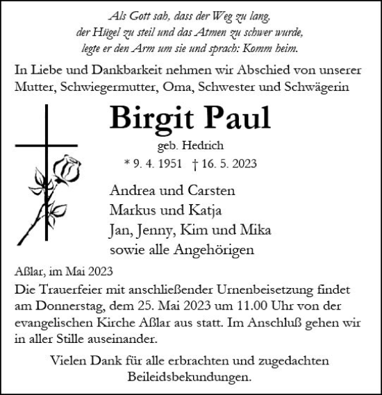 Traueranzeige von Birgit Paul von Wetzlarer Neue Zeitung