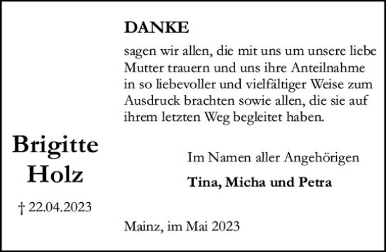 Traueranzeige von Brigitte Holz von Allgemeine Zeitung Mainz