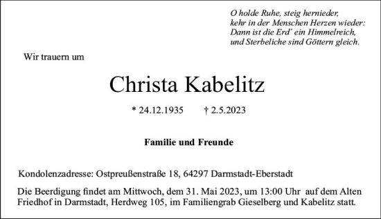 Traueranzeige von Christa Kabelitz von Darmstädter Echo