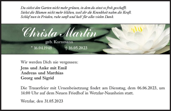 Traueranzeige von Christa Martin von Wetzlarer Neue Zeitung