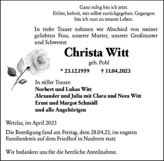 Traueranzeige von Christa Witt von Wetzlarer Neue Zeitung
