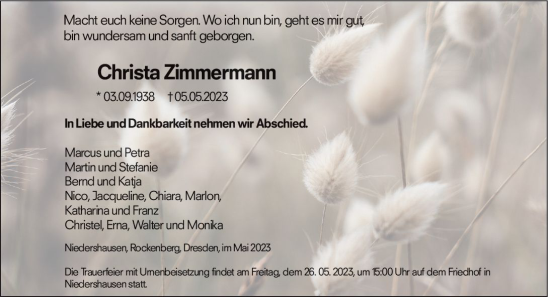 Traueranzeige von Christa Zimmermann von Weilburger Tageblatt