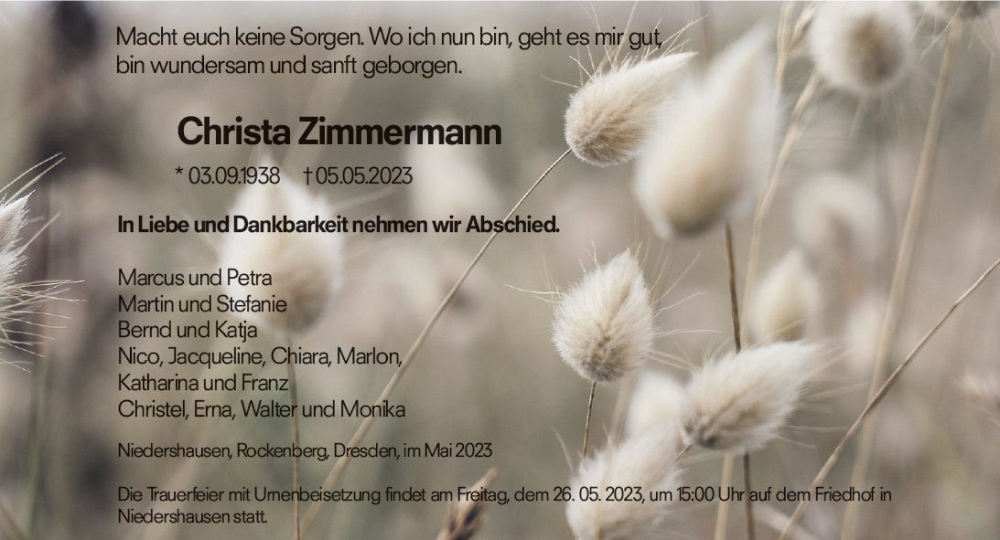  Traueranzeige für Christa Zimmermann vom 22.05.2023 aus Weilburger Tageblatt