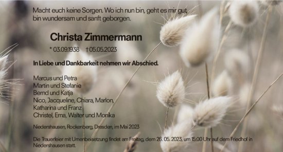 Traueranzeige von Christa Zimmermann von Weilburger Tageblatt