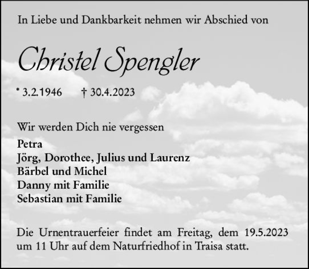  Traueranzeige für Christel Spengler vom 06.05.2023 aus Darmstädter Echo
