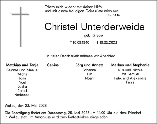 Traueranzeige von Christel Unterderweide von Hinterländer Anzeiger
