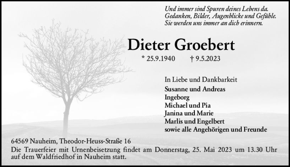  Traueranzeige für Dieter Groebert vom 20.05.2023 aus Rüsselsheimer Echo