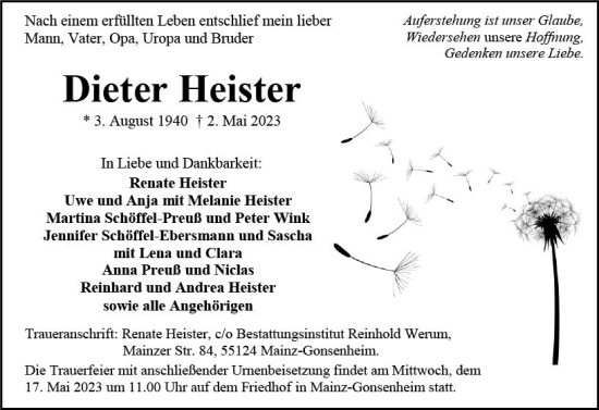 Traueranzeige von Dieter Heister von Allgemeine Zeitung Mainz