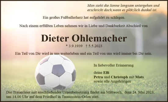 Traueranzeige von Dieter Ohlemacher von Wiesbadener Kurier