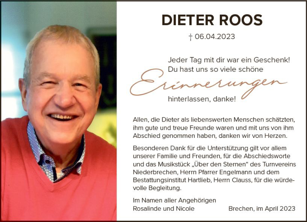  Traueranzeige für Dieter Roos vom 04.05.2023 aus Camberger Anzeiger