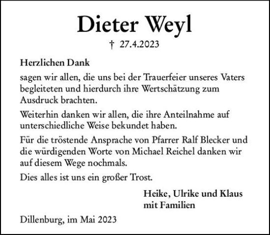 Traueranzeige von Dieter Weyl von Dill Block