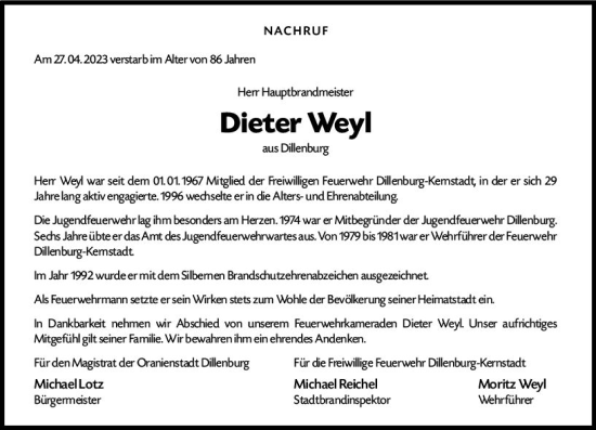 Traueranzeige von Dieter Weyl von Dill Block