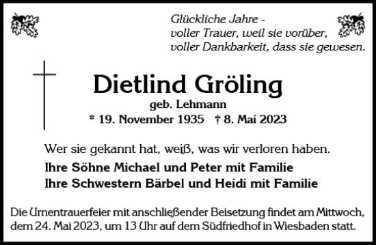 Traueranzeige von Dietlind Gröling von Wiesbadener Kurier