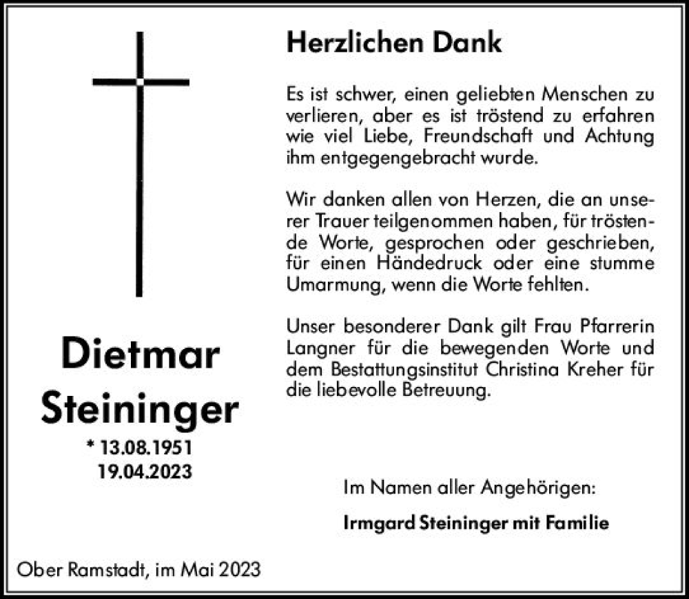  Traueranzeige für Dietmar Steininger vom 20.05.2023 aus Darmstädter Echo