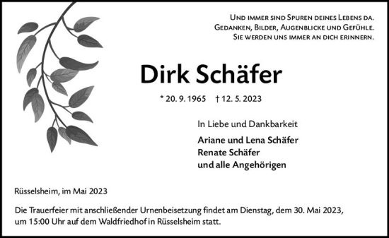 Traueranzeige von Dirk Schäfer von Rüsselsheimer Echo