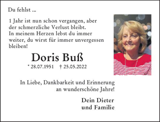 Traueranzeige von Doris Buß von Wiesbadener Kurier