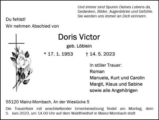 Traueranzeige von Doris Victor von Allgemeine Zeitung Mainz