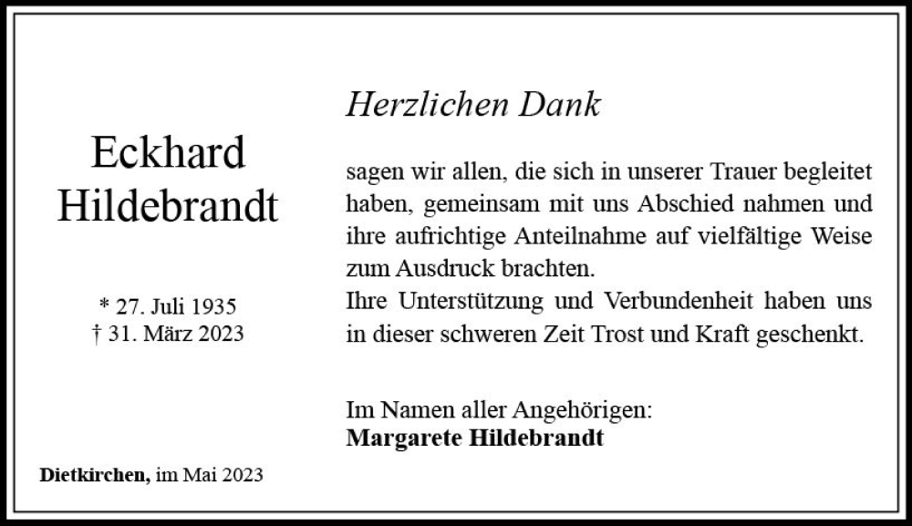  Traueranzeige für Eckhard Hildebrandt vom 27.05.2023 aus Nassauische Neue Presse