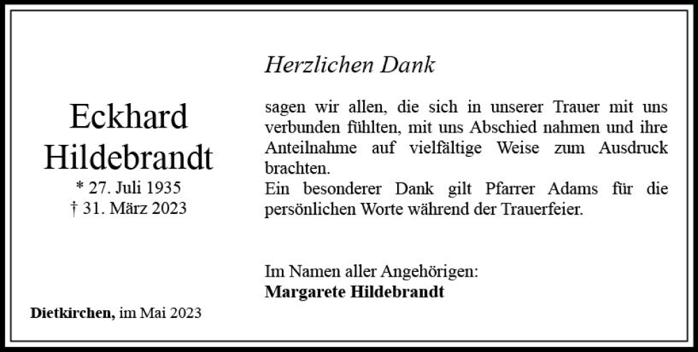  Traueranzeige für Eckhard Hildebrandt vom 27.05.2023 aus Nassauische Neue Presse