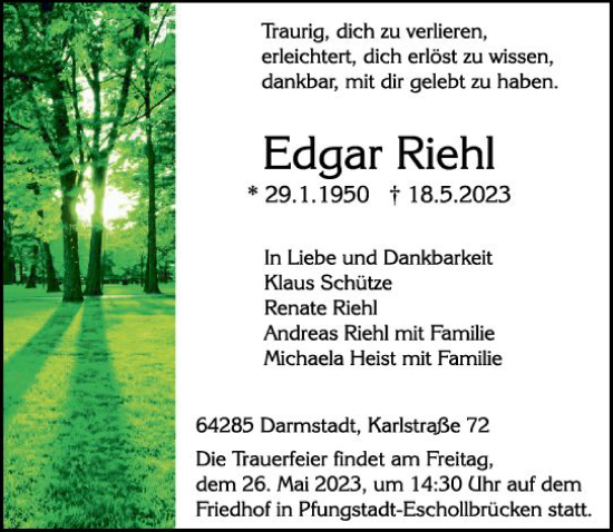 Traueranzeige von Edgar Riehl von Darmstädter Echo