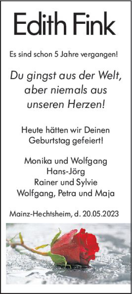  Traueranzeige für Edith Fink vom 20.05.2023 aus Allgemeine Zeitung Mainz