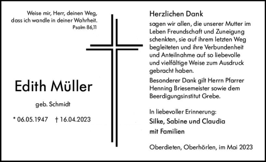 Traueranzeige von Edith Müller von Hinterländer Anzeiger