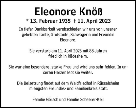 Traueranzeige von Eleonore Knöß von Rüsselsheimer Echo