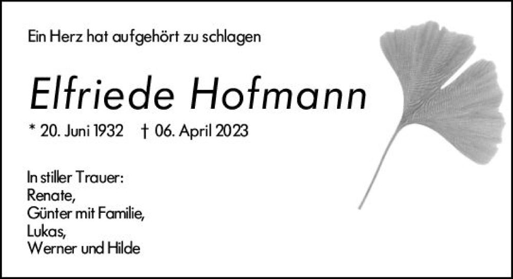  Traueranzeige für Elfriede Hofmann vom 06.05.2023 aus Darmstädter Echo