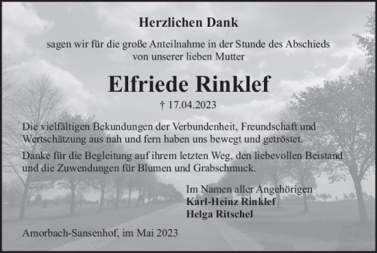 Traueranzeige von Elfriede Rinklef von Odenwälder Echo