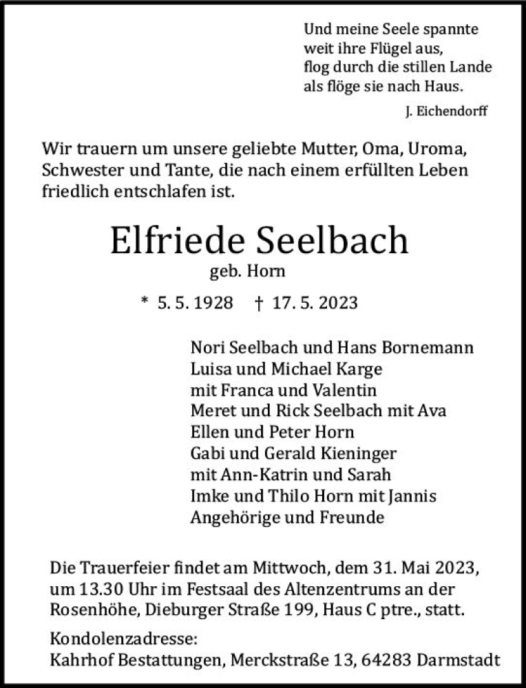  Traueranzeige für Elfriede Seelbach vom 27.05.2023 aus Darmstädter Echo