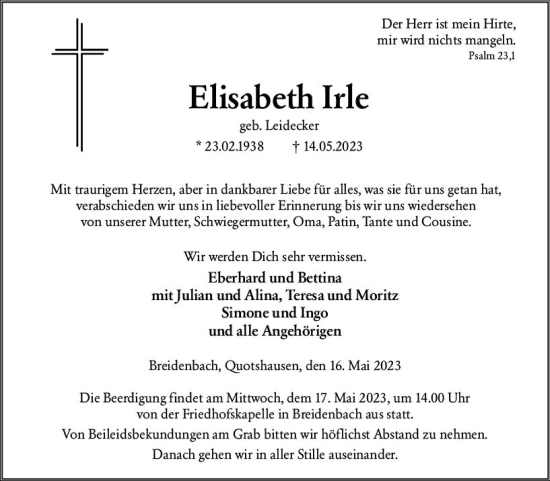 Traueranzeige von Elisabeth Irle von Hinterländer Anzeiger
