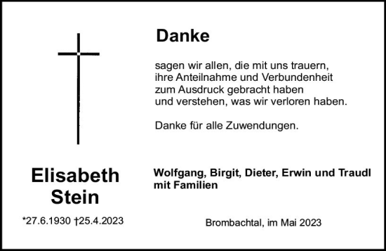 Traueranzeige von Elisabeth Stein von Odenwälder Echo