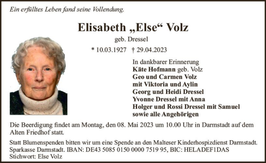 Traueranzeige von Elisabeth  Volz von Darmstädter Echo