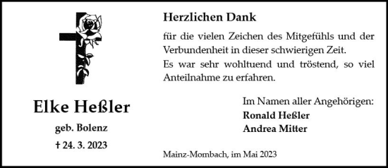 Traueranzeige von Elke Heßler von Allgemeine Zeitung Mainz
