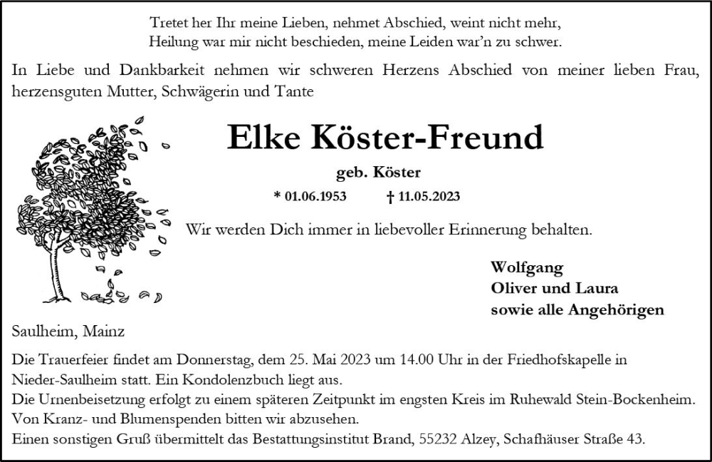  Traueranzeige für Elke Köster-Freund vom 17.05.2023 aus Allgemeine Zeitung Alzey