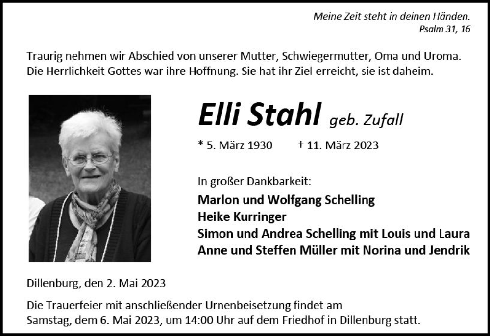  Traueranzeige für Elli Stahl vom 02.05.2023 aus Dill Block