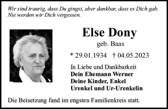Traueranzeige von Else Dony von Darmstädter Echo