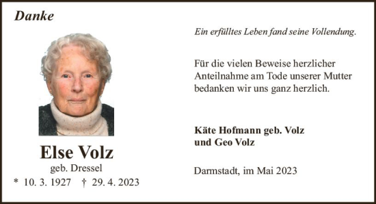 Traueranzeige von Else Volz von Darmstädter Echo