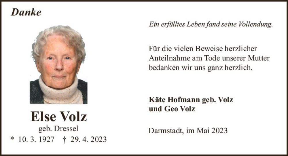  Traueranzeige für Else Volz vom 27.05.2023 aus Darmstädter Echo
