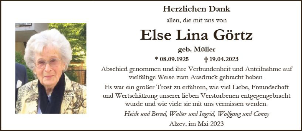  Traueranzeige für Else Lina Görtz vom 27.05.2023 aus Allgemeine Zeitung Alzey