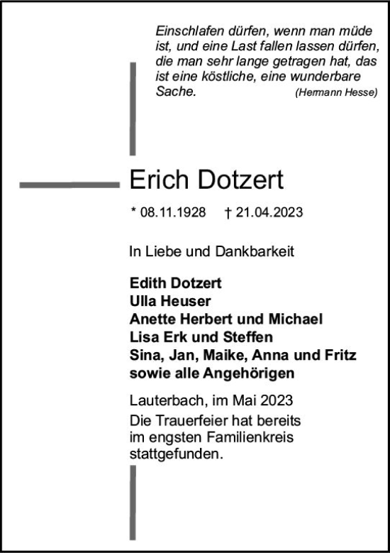 Traueranzeige von Erich Dotzert von VRM Trauer