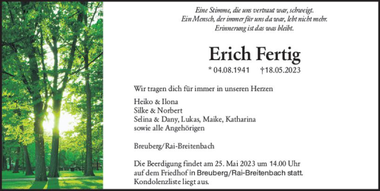 Traueranzeige von Erich Fertig von Odenwälder Echo