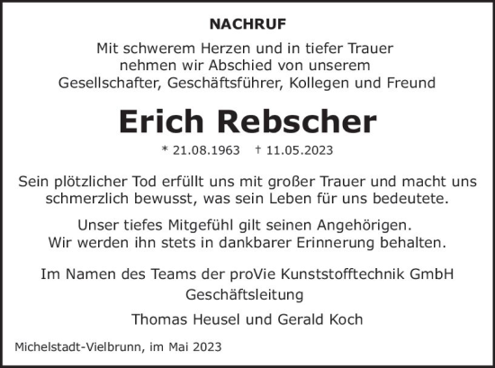 Traueranzeige von Erich Rebseher von Odenwälder Echo
