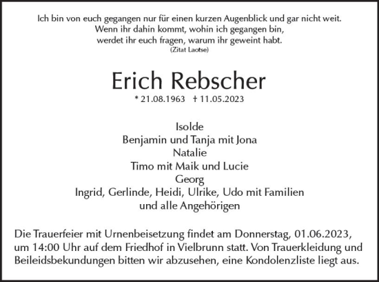 Traueranzeige von Erich Rebseher von Odenwälder Echo