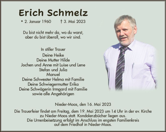 Traueranzeige von Erich Schmelz von VRM Trauer